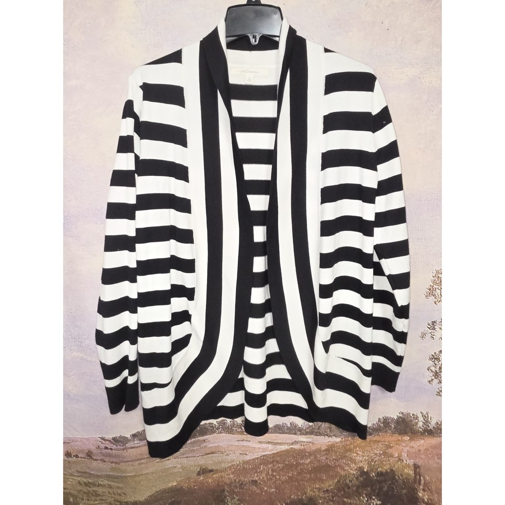 POINTELLE Brand Black White Striped Cardigan Sweater Open Front Long Sleeve L